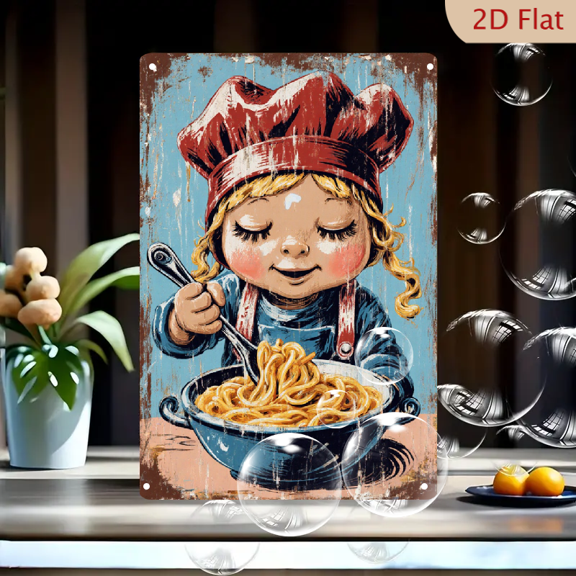 Vintage Girl Chef with Spaghetti 8x12 Inch Metal Wall Art, Retro Grunge Kitchen Decor, Nostalgic Hand-Drawn Illustration of Happy Child in Blue Apron and Red Hat for Cozy Home Style