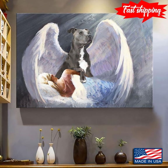 Vintage Girl Dreaming About Her Pit Bull Dog With Angel Wings In Heaven 11 x 17 Inch Poster