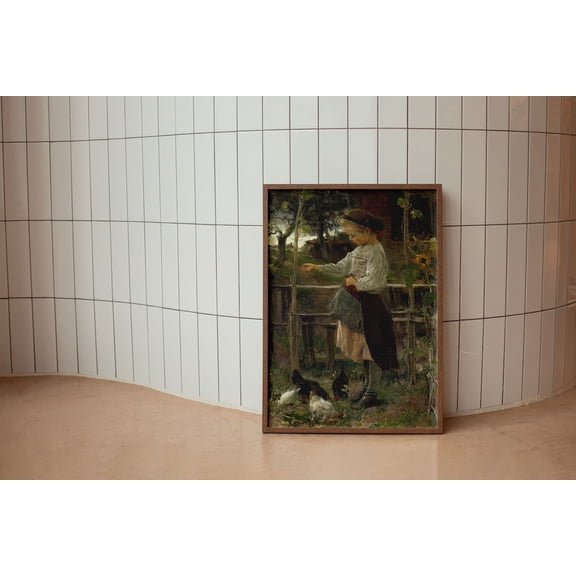 Vintage Girl Feeding Chickens Art Print, Muted Antique Portrait Home Decor #408, Stretched Canvas Size 8x12