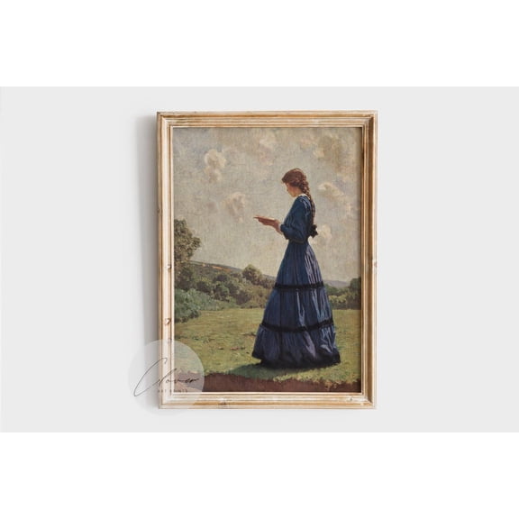 Vintage Girl Reading Art Print, Aesthetic 19Th Century Pastoral Wall Decor, Woman In Blue Dress, Antique Style Literary Home Decor #145, Stretched Canvas Size 12x18