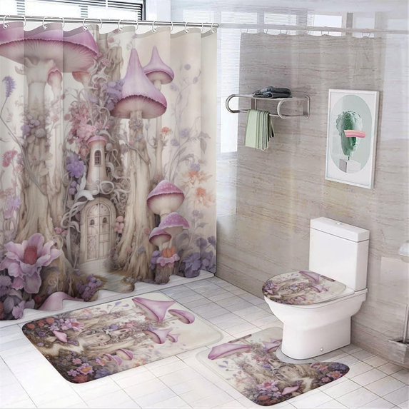 Vintage Girl Shower Curtain Set for Bathroom 4Pcs Fantasty Forest Fairy Tale Bathroom Sets with Rugs Toilet Lid Cover Bath Mat Shower Curtain Set with Hooks, Bathroom Decor