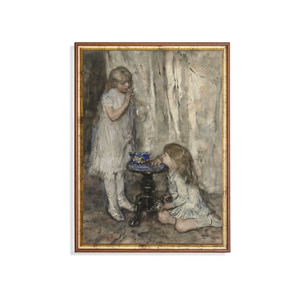Vintage Girls Blowing Bubbles Poster, Antique Watercolour Home Decor, 12x18 UNFRAMED