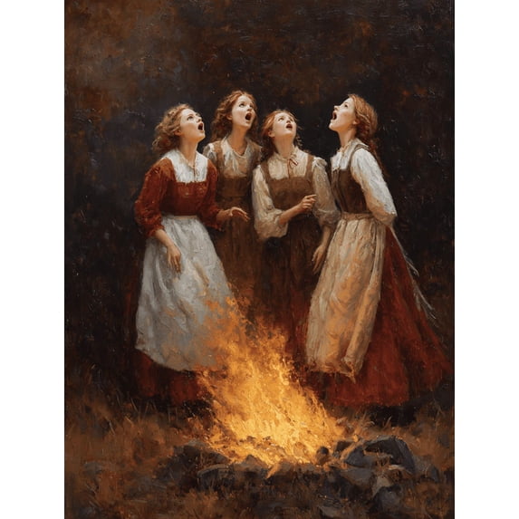 Vintage Girls Campfire Canvas Print, Wall Decor for Living Room Bedroom Dining Room Study Office Home Interior