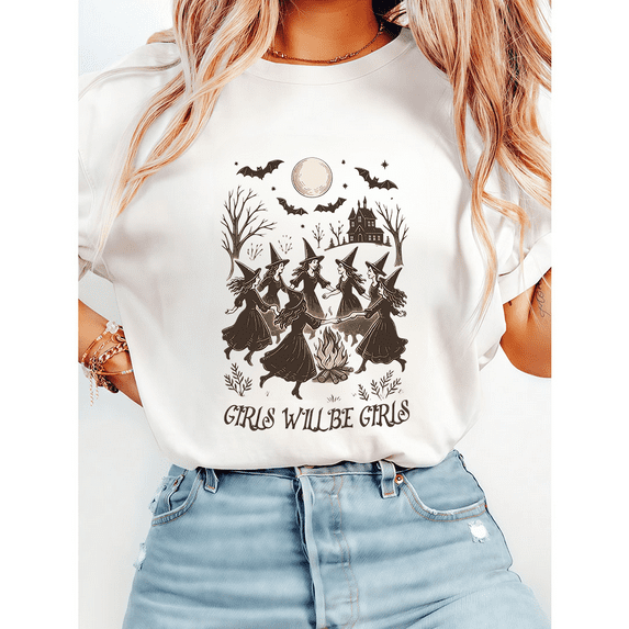 Vintage Girls Will Be Girls Witch Graphic Tees Funny Dance Witchy Print T-shirts Casual Halloween Tops Short Sleeve Cotton Shirts White,M