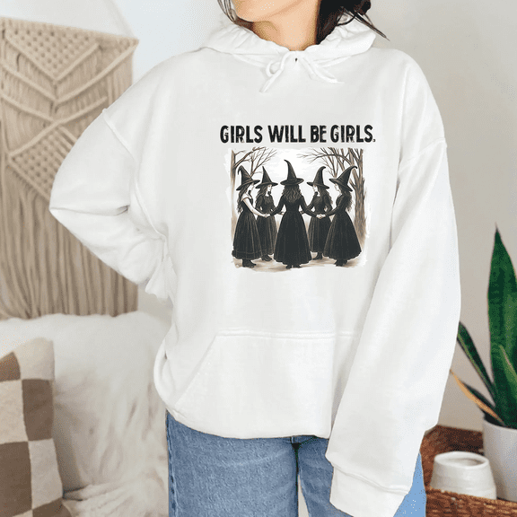 Vintage Girls Will Be Girls Witch Print Long Sleeve Tops Funny Witchy Hooded Halloween Graphic Tees Casual Pullover Sweatshirts Cotton Shirts White,S