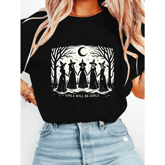 Vintage Girls Will Be Girls Witch Print Tees Funny Witchy Graphic Tees Halloween Casual Tops Short Sleeve Cotton Shirts for Daily Outfits Black,2XL