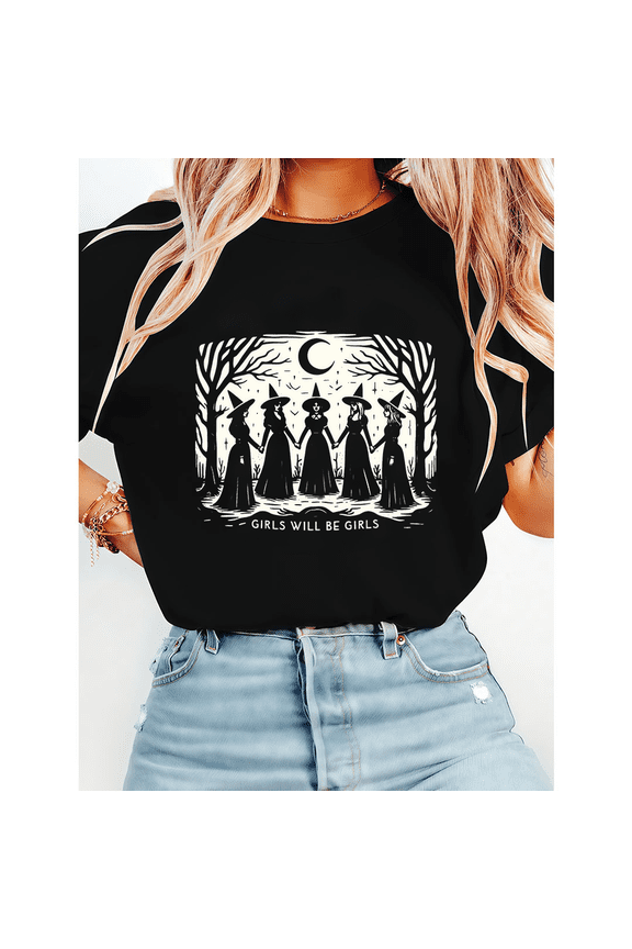 Vintage Girls Will Be Girls Witch Print Tees Funny Witchy Graphic Tees Halloween Casual Tops Short Sleeve Cotton Shirts for Daily Outfits Black,3XL