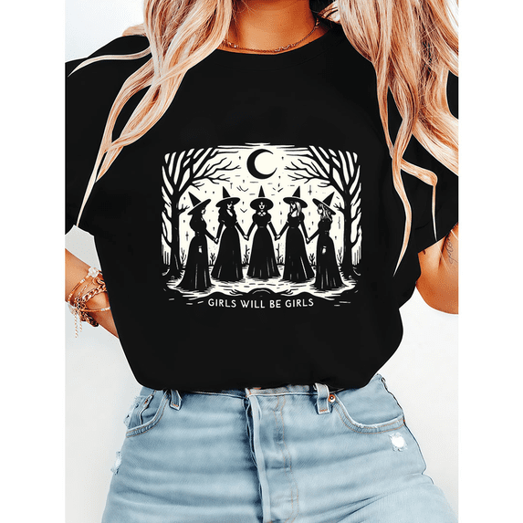 Vintage Girls Will Be Girls Witch Print Tees Funny Witchy Graphic Tees Halloween Casual Tops Short Sleeve Cotton Shirts for Daily Outfits Black,M