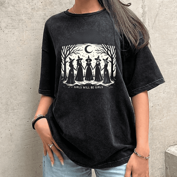 Vintage Girls Will Be Girls Witch Print Tees Funny Witchy Graphic Tees Halloween Casual Tops Short Sleeve Cotton Acid Washed Shirts for Daily Outfits Black,S