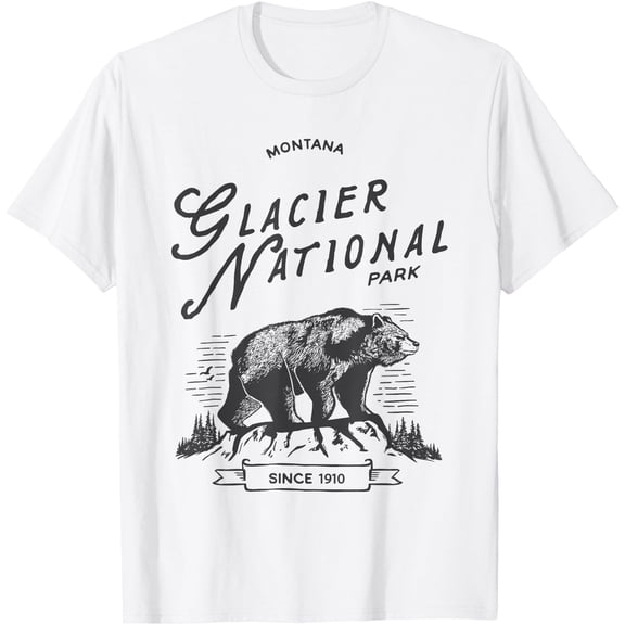 Vintage Glacier National Park Retro Bear Montana Unisex T-Shirt for Men Women Kids Toddler,White Color,Size YXS