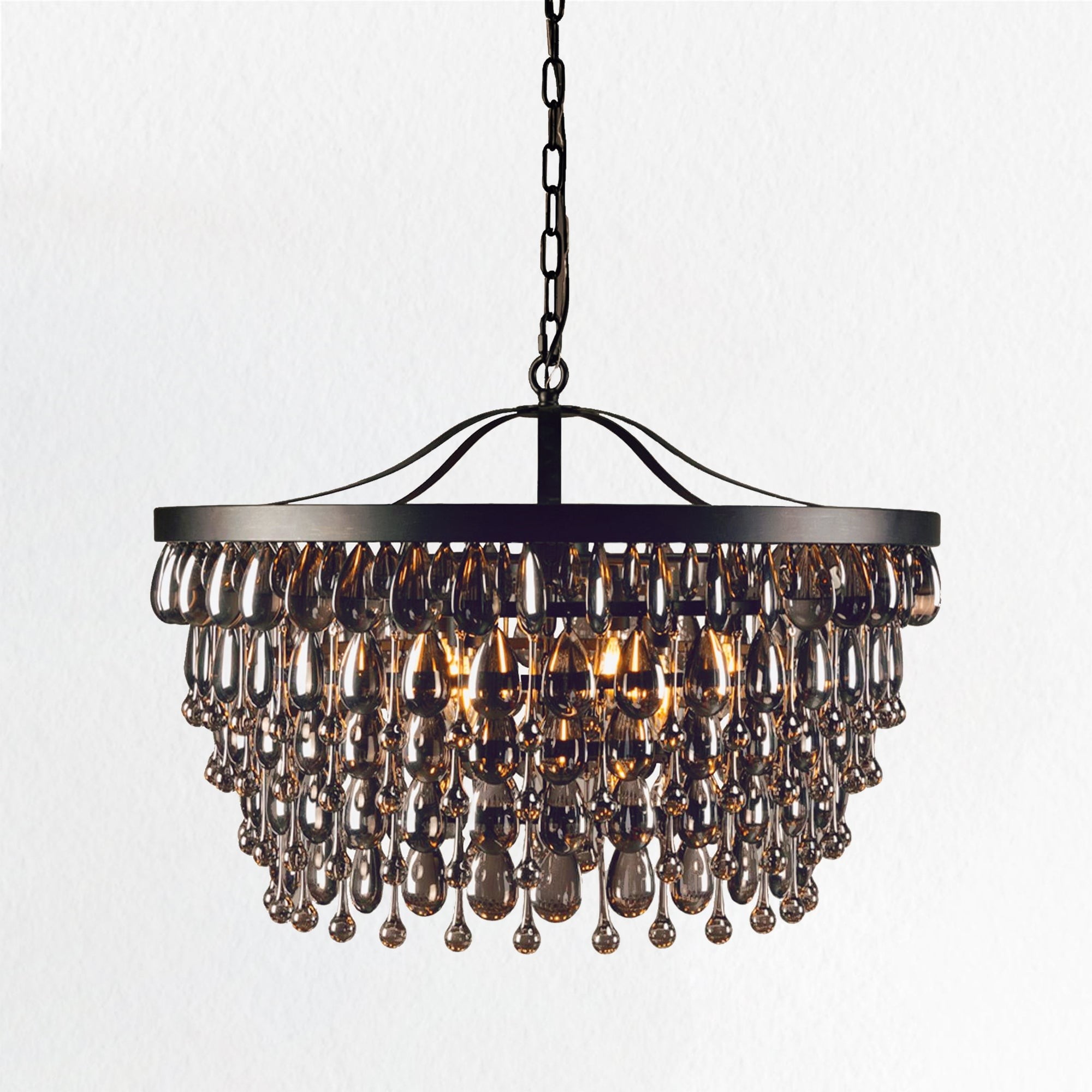 Vintage Glamour Black Iron Chandelier With Grey Glass Beads And Crystal