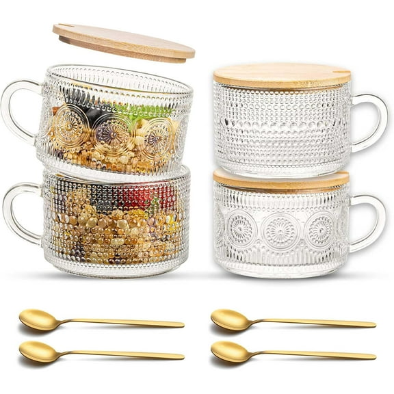 Vintage Glass 14OZ Coffee Mugs 4pcs Clear Embossed Glass Cups with Bamboo Lids and Spoons Gifts for Women Overnight Containers for Tea,Cereal,Cappuccino, Latte