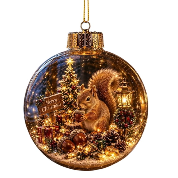 Vintage Glass Christmas Ornament, Lighted Squirrel Scene Clear Ball for Indoor Christmas Tree, Holiday Hanging Decor, 3.15 Inch Gold Cap