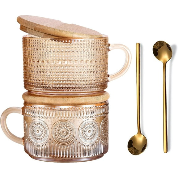 Vintage Glass Coffee Mugs Set of 2 Amber, Embossed Tea Cups with Bamboo Lids and Spoons, 14 Oz Glass Breakfast Cups for Cappccino, Latte, Yogurt, Dessert, Breakfast, Mothers Day Gifts