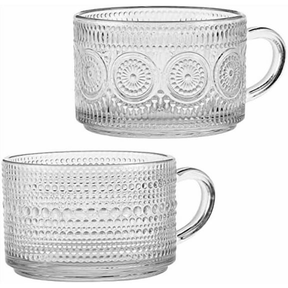 Vintage Glass Coffee Mugs Tea Cups, 14 Oz Set of 2 - Stackable Embossed, Glassware with Handle, for Cappuccino, Latte, Cereal, Yogurt, Beverage Hot/Cold, Milk