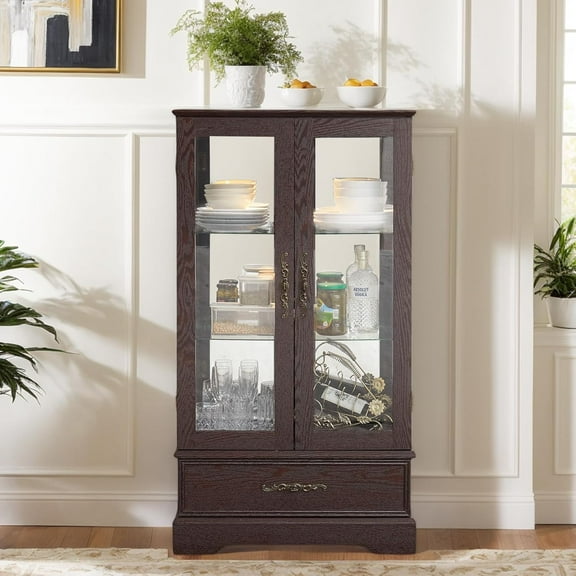 Vintage Glass Display Cabinet with-Tier Adjustable Glass Shelves, Acrylic Mirrored Back Pane and Light Bulb Included, China Cabinet for Living Room