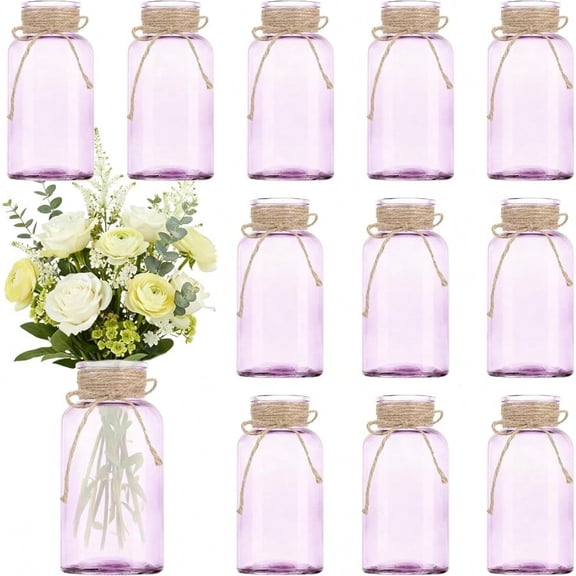 Vintage Glass Flower Vase12 Pack Farmhouse Purple Glass Centerpiece Vases Mason Jars for Weddings Parties Home Decor Bulk 12 Purple