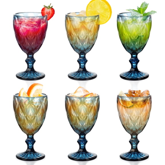 Vintage Glass Goblets Set of 6 Pcs 8.5oz - Elegant Stemmed Wine Cups for Parties, Classic Etched Drinking Glasses for Champagne, Cocktail, Whiskey, Barware, Dishwasher Safe, Gifts-Clear
