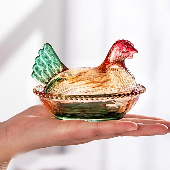 Vintage Glass Hen on Nest Dish, Amber Covered Chicken Candy Bowl with Lid, Iridescent Roosting Hen Figurine for Farmhouse Kitchen Decor, Easter Gift, Jewelry Trinket Box