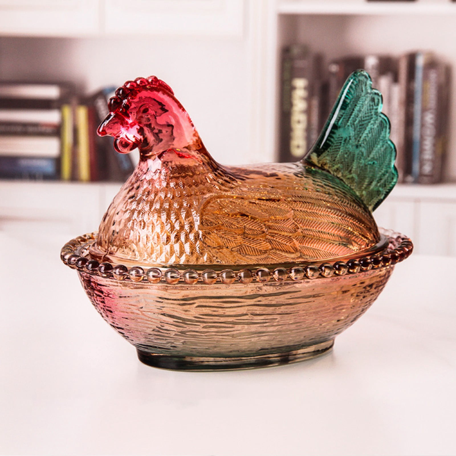 Vintage Glass Hen On Nest Dish with Lid, Hen On Nest Glass Dish, Large Pedestal Candy Bowl Chicken Candy Dish, Colorful Crystal Cookie Jar for Snacks Dessert Cookies, Home Kichen Tabletop Decor, Q