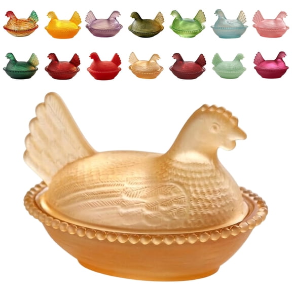 Vintage Glass Hen on Nest Dish with Lid - Large Pedestal Rooster Glass Candy Bowl, Colorful Crystal Candy Jar for Snacks, Dessert, Cookies | Home Kitchen Office Tabletop Decor