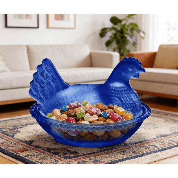 Vintage Glass Hen on Nest Dish with Lid - Large Pedestal Rooster Glass Candy Bowl, Colorful Crystal Candy Jar for Snacks, Dessert, Cookies | Home Kitchen Office Tabletop Decor,4.7x3.2 in