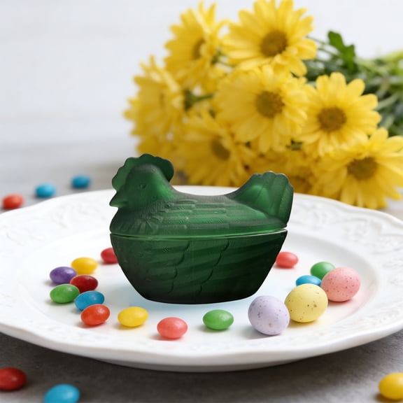 Vintage Glass Hen on Nest Dish with Lid - Large Pedestal Rooster Glass Candy Bowl,Colorful Crystal Candy Jar for Snacks,Dessert,Cookies | Home Kitchen Office Tabletop Decor(Green-10PCS)