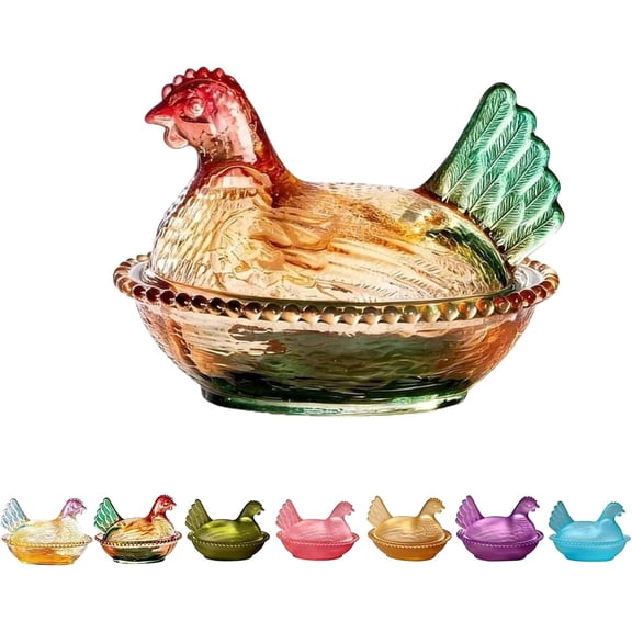Vintage Glass Hen on Nest Candy Dish with Lid – Chicken-Shaped Glass Candy Jar for Snacks, Dessert, Cookies, Home Kitchen Tabletop Decor