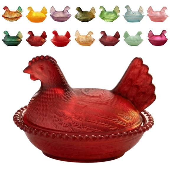 Vintage Glass Hen on Nest Dish with Lid - Colorful Crystal Candy Jar for Snacks, Dessert, Cookies | Home Kitchen Office Tabletop Decor