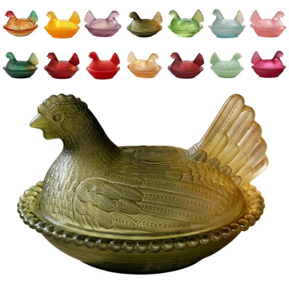 Vintage Glass Hen on Nest Dish with Lid—Colorful Crystal Candy Jar for Snacks, Desserts etc,Home Office Tabletop Decor C