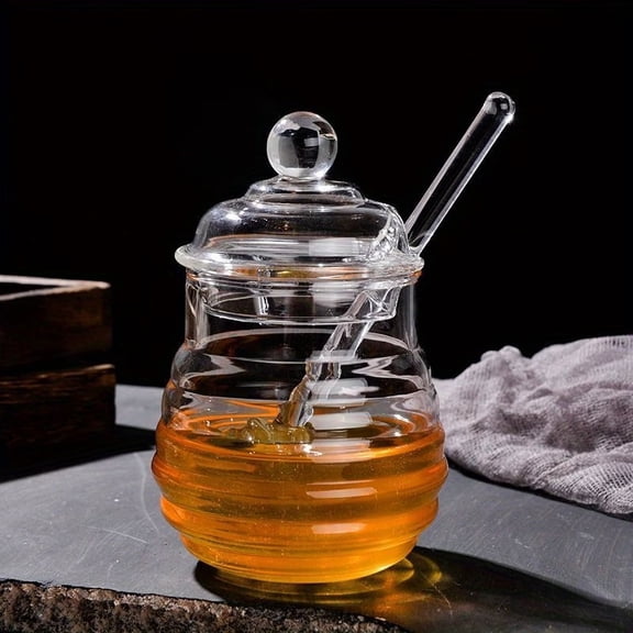 Vintage Glass Honey Jar with Wooden Stirring Stick  Airtight Multi-Purpose Storage Container for Honey, Sugar, Tea, Coffee, and Dry Foods  Elegant Kitchen Canister, Tea Caddy, and Pantry Organizer