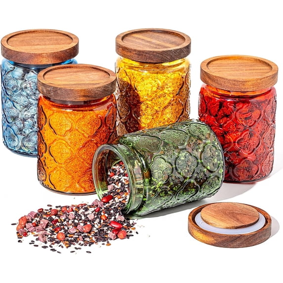Vintage Glass Jar with Lids Colored Glass Canisters Jars with Airtight Wooden Lids for Kitchen Counter Storage Containers