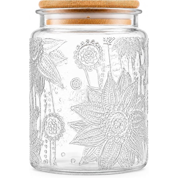 Vintage Glass Jars With Lids, 23.7oz Airtight Food Storage Containers,Kitchen Canisters For Sugar, Coffee, Tea, Spice, Flour, Candy Cookie, Pasta, Cereal, Cute Decorative Jars(Sunflower*1)