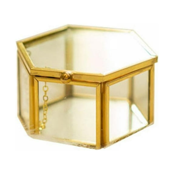 Vintage Glass Jewelry Organizer Box,Golden Metal Keepsake Box Desktop Jewelry Organizer Holder, Wedding Birthday Gift,Square Vanity Decorative Box for Dresser,Bathroom