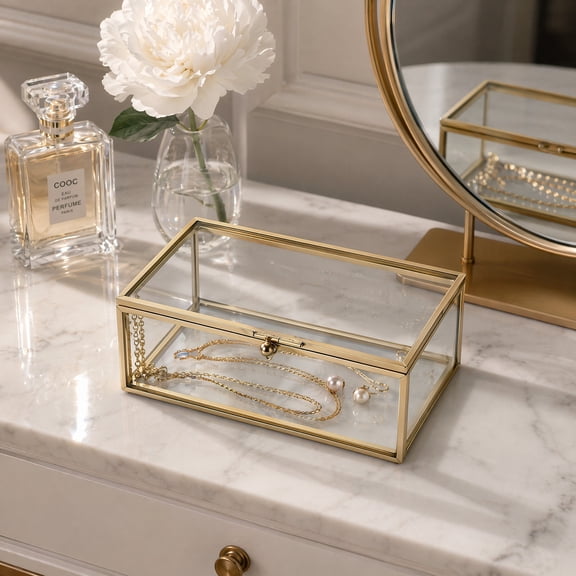 Vintage Glass Keepsake Box, Rectangle Jewelry Display Organize Vanity Lidded Box Home Decor Accent Decorative Box for Storage Trinket Rings Bracelet