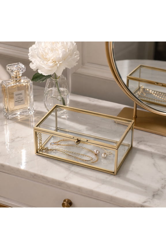 Vintage Glass Keepsake Box, Rectangle Jewelry Display Organize Vanity Lidded Box Home Decor Accent Decorative Box for Storage Trinket Rings Bracelet