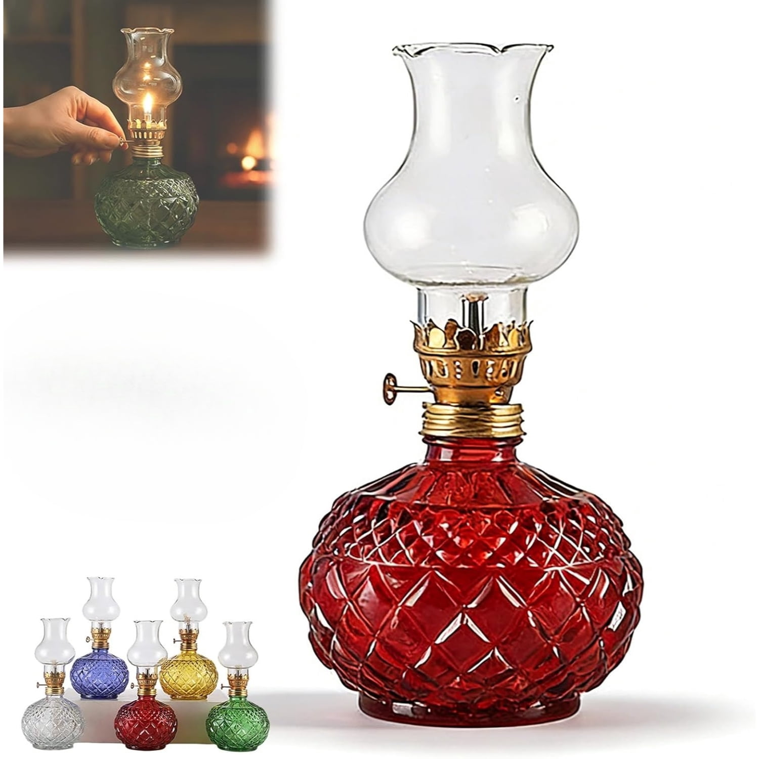 Vintage Glass Kerosene Oil Lamp – Rustic Hurricane Lantern with Black Metal Regulator, Emergency Lighting & Home Decor, Indoor Use (7.6" x 3.6")