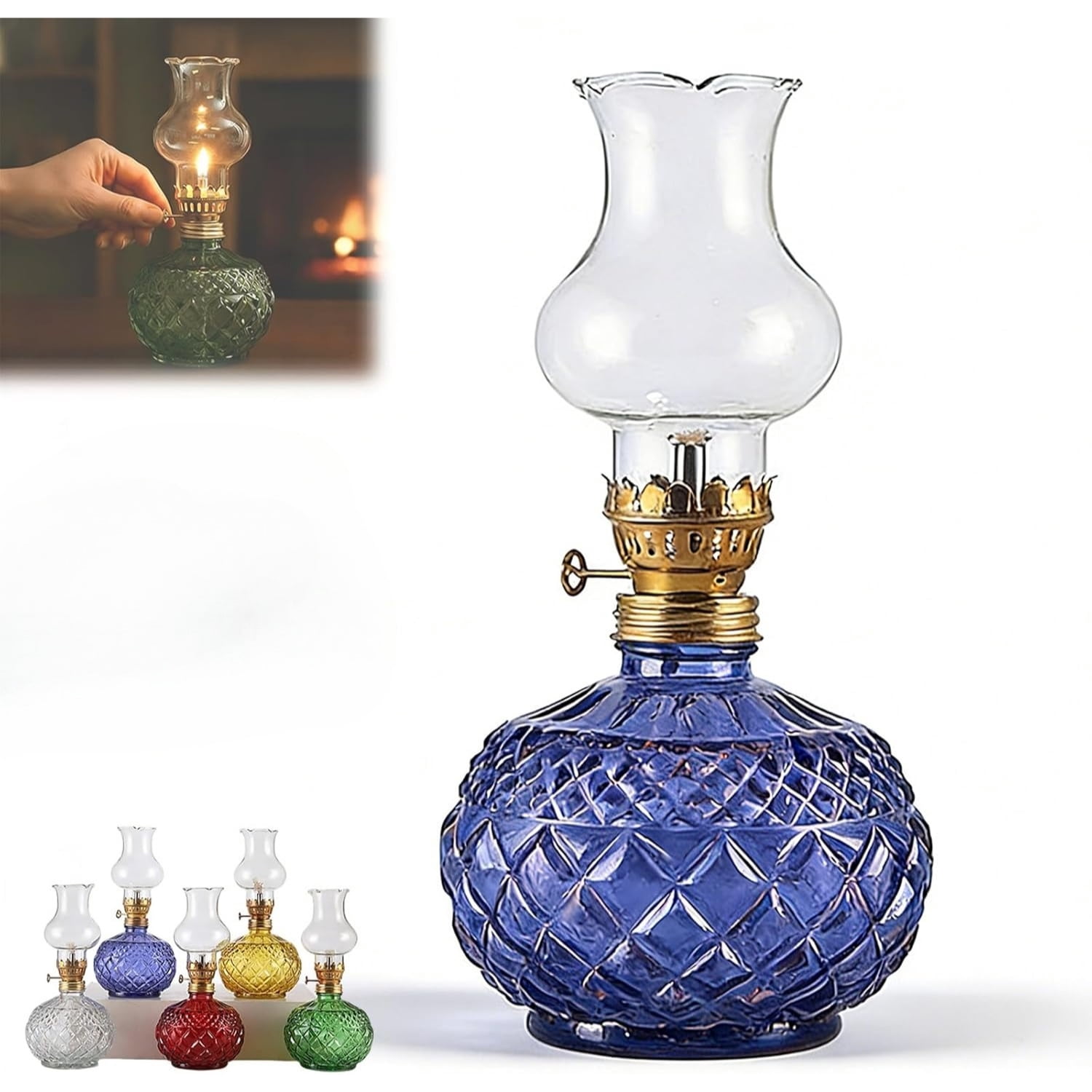 Vintage Glass Kerosene Oil Lamp – Rustic Hurricane Lantern with Black Metal Regulator, Emergency Lighting & Home Decor, Indoor Use (7.6" x 3.6")
