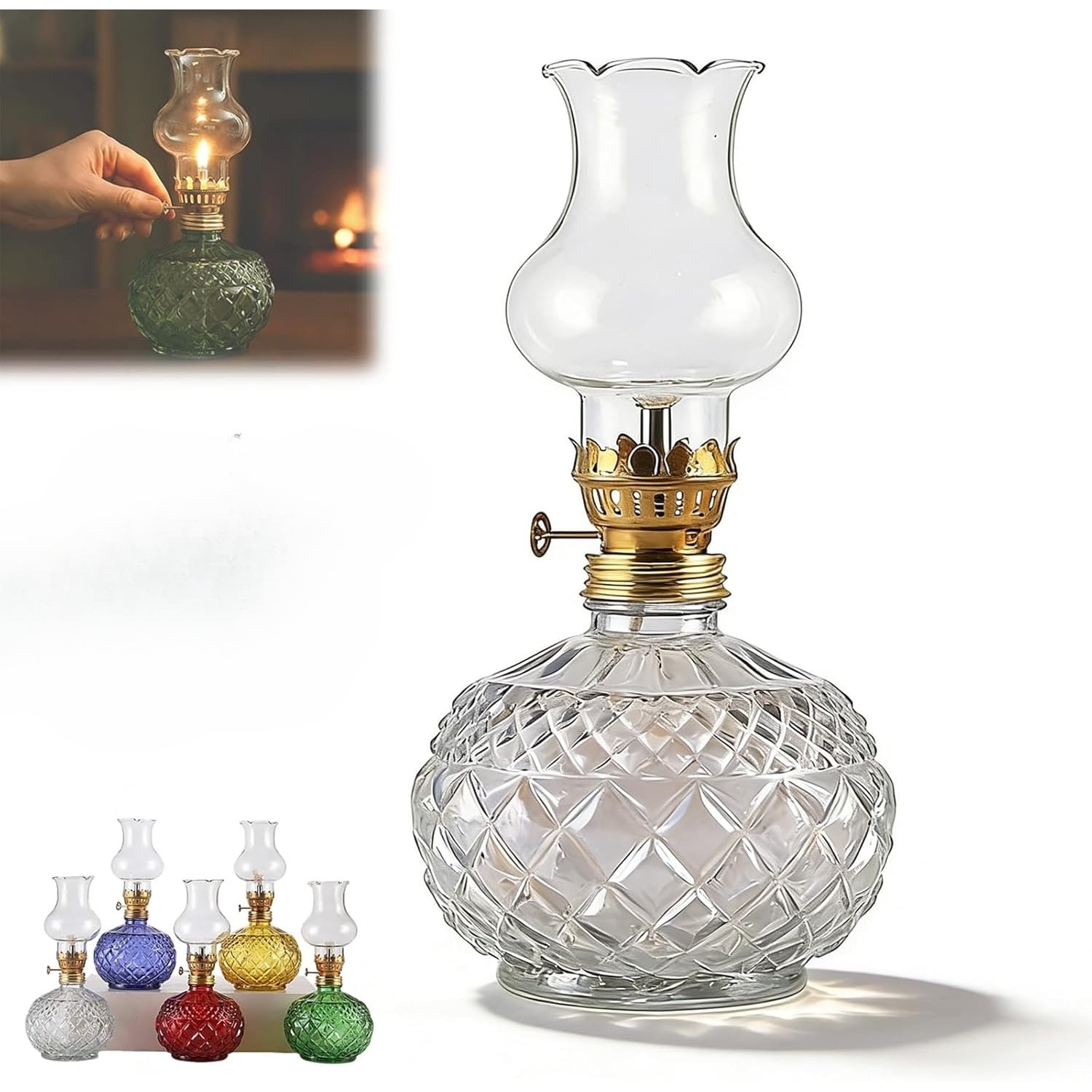 Vintage Glass Kerosene Oil Lamp – Rustic Hurricane Lantern with Black Metal Regulator, Emergency Lighting & Home Decor, Indoor Use (7.6" x 3.6")