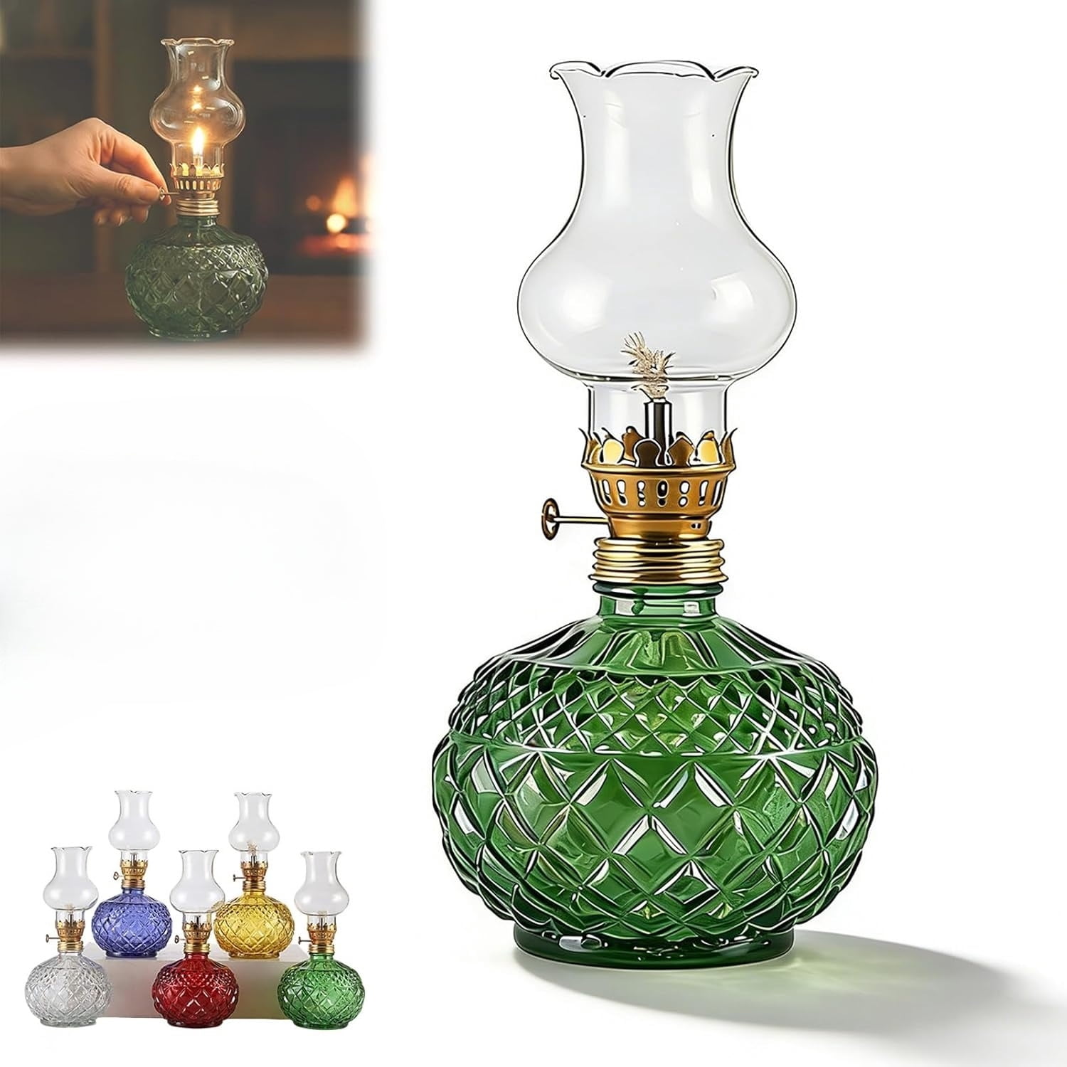 Vintage Glass Kerosene Oil Lamp – Rustic Hurricane Lantern with Black Metal Regulator, Emergency Lighting & Home Decor, Indoor Use (7.6" x 3.6")