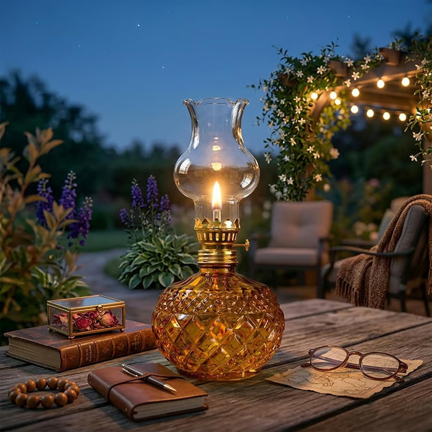 Vintage Glass Oil Lamp – Pineapple-Shaped Hurricane Lantern, 7.6 Inch Oil Lamp with Adjustable Wick & Metal Burner, Smokeless Flame for Emergency Lighting & Home Decor