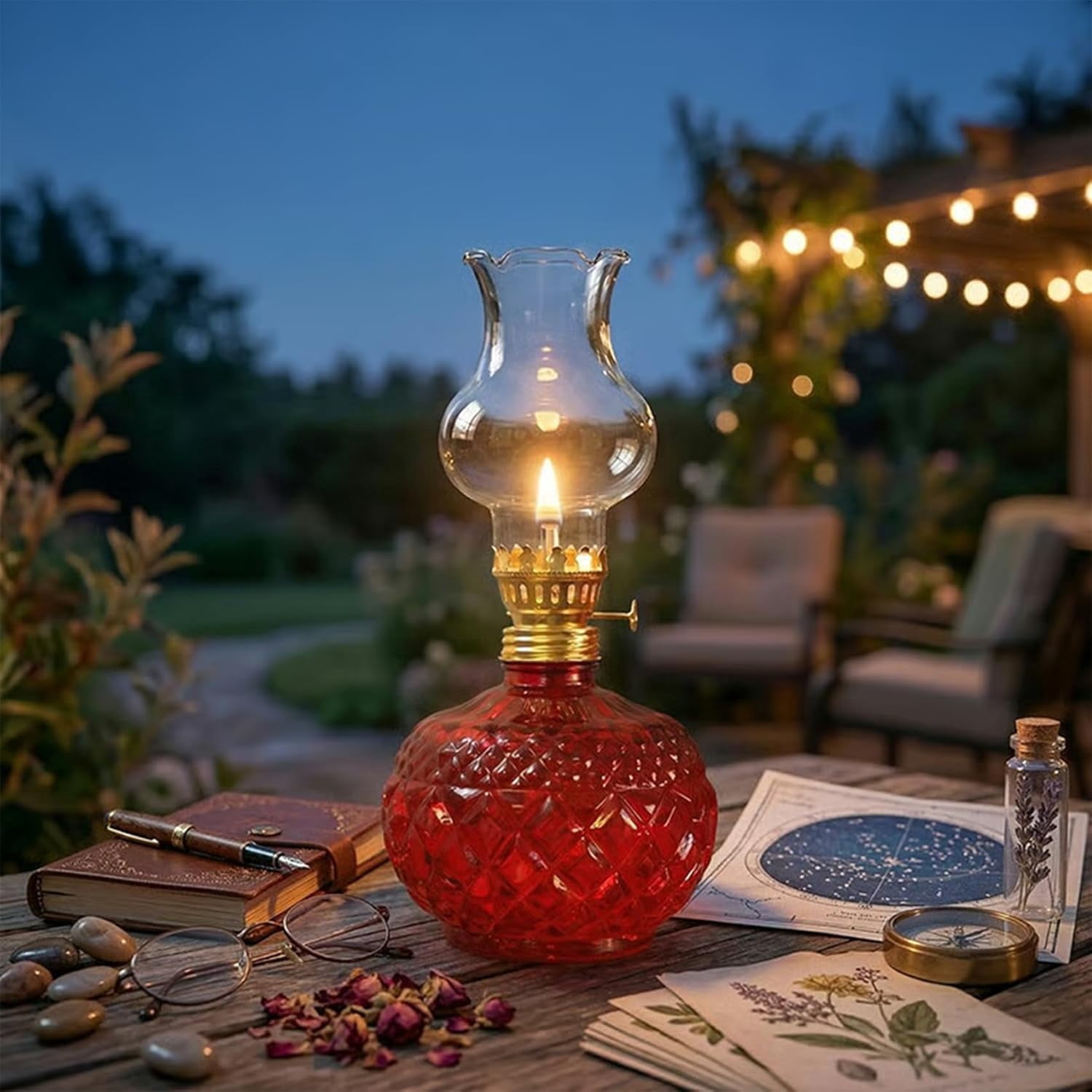 Vintage Glass Oil Lamp – Pineapple-Shaped Hurricane Lantern, 7.6 Inch Oil Lamp with Adjustable Wick & Metal Burner, Smokeless Flame for Emergency Lighting & Home Decor