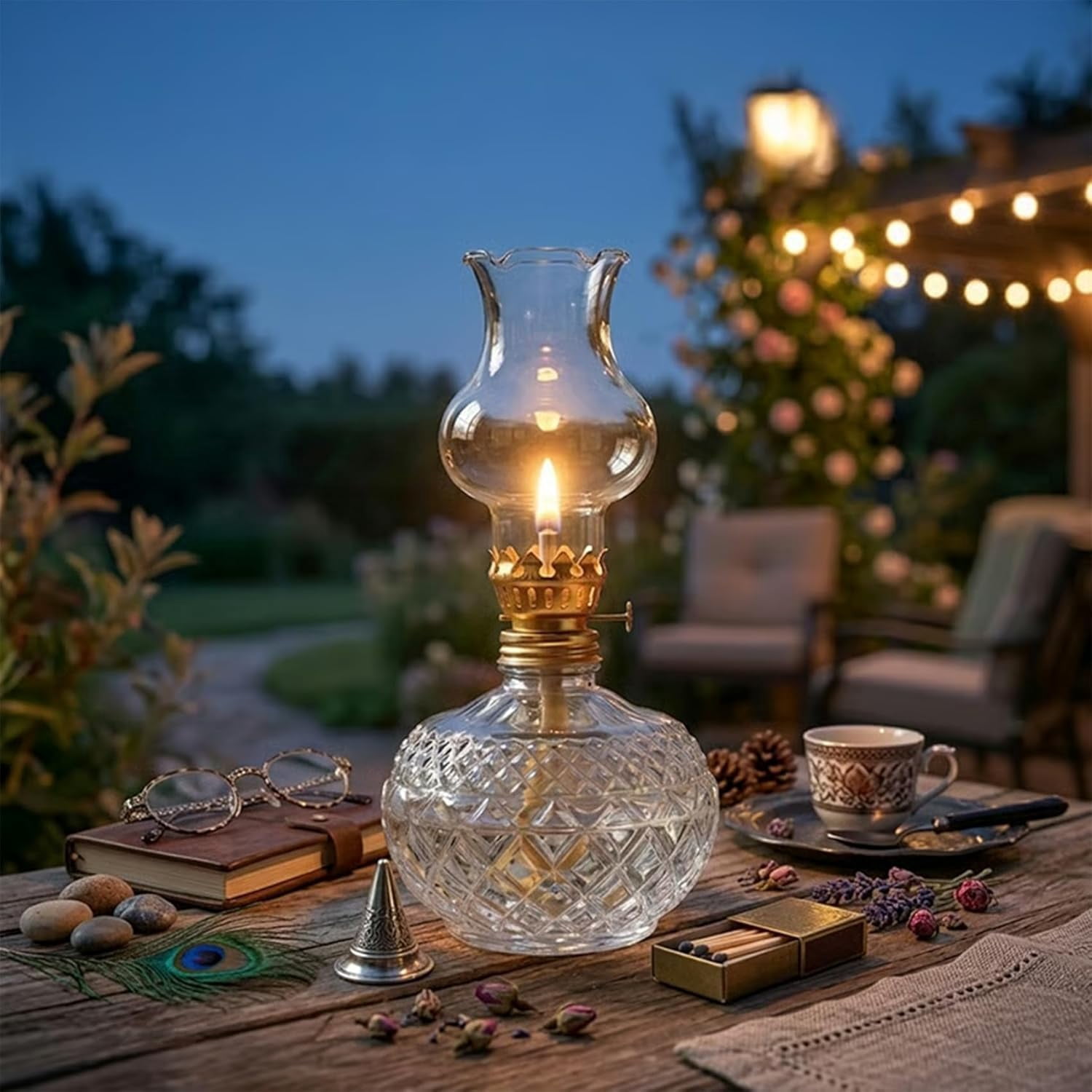 Vintage Glass Oil Lamp – Pineapple-Shaped Hurricane Lantern, 7.6 Inch Oil Lamp with Adjustable Wick & Metal Burner, Smokeless Flame for Emergency Lighting & Home Decor