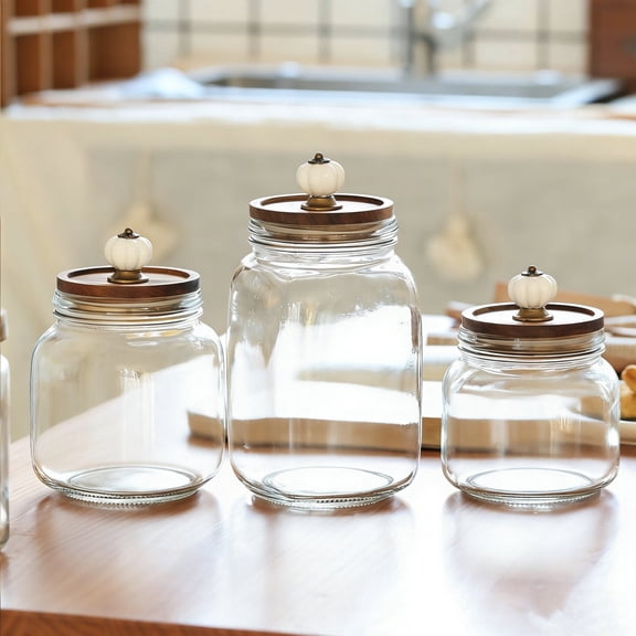 Vintage Glass Storage Jar Airtight Canister Clear Kitchen Container • Sealed Glass Jar With Wooden Lid • Countertop Pantry Organizer For Cookies Candy Coffee Beans Snacks Dry Food