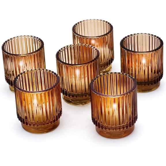 Vintage Glass Tealight & Amber Votive Candle Holders (Set of 6) Rustic Fluted Candle Holder Set, Boho Home Decor, Wedding Table Centerpieces, Farmhouse Kitchen Table Decor