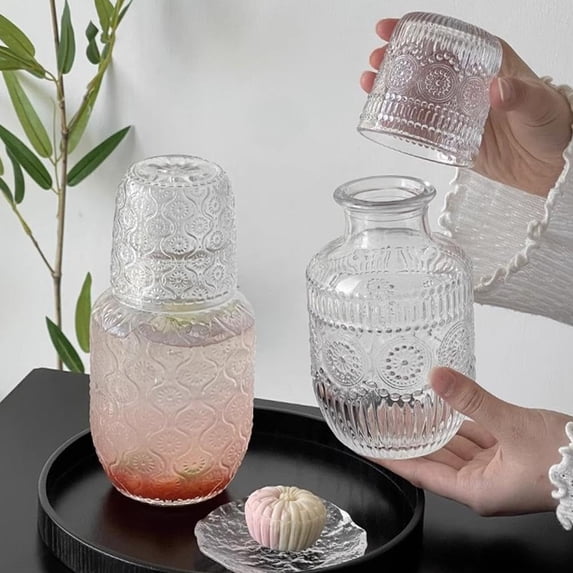 Vintage Glass Water Carafe with Matching Cup, 19oz Bedside Pitcher & 5oz Tumbler Set, Nightstand Drink Dispenser for Bedroom, Bathroom or Kitchen, Lead-Free Clear Glassware(1PCS,C)
