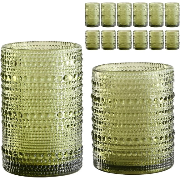 Vintage Glassware Drinking Glasses Set of 12,Green 12oz & 15oz Hobnail Glass Cups,Embossed Water Tumbler,for Beer,Cocktail,Whiskey,Juice and Various Mixed Drinks- 1 Cleaning Brush