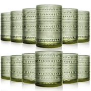 Vintage Glassware Drinking Glasses Set Of 12, Green 14Oz & 11Oz Hobnail Glass Cups Elegant Bubble Old Fashioned Glassware For Juice & Cocktails, Dishwasher Safe, Perfect For Home, Parties & Gifts