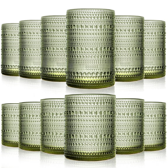 Vintage Glassware Drinking Glasses Set Of 12, Green 14Oz & 11Oz Hobnail Glass Cups Elegant Bubble Old Fashioned Glassware For Juice & Cocktails, Dishwasher Safe, Perfect For Home, Parties & Gifts