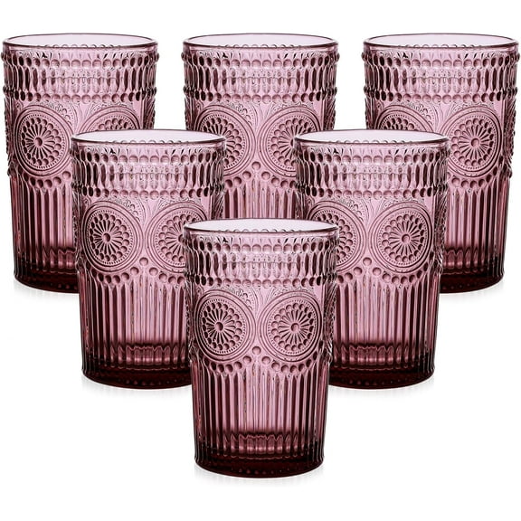 Vintage Glassware Drinking Glasses Set of 6,13 oz Clear Textured Flower Design Glass Water Tumblers，Embossed Striped Drinkware for Water,Cocktails,Juice,Iced Coffee